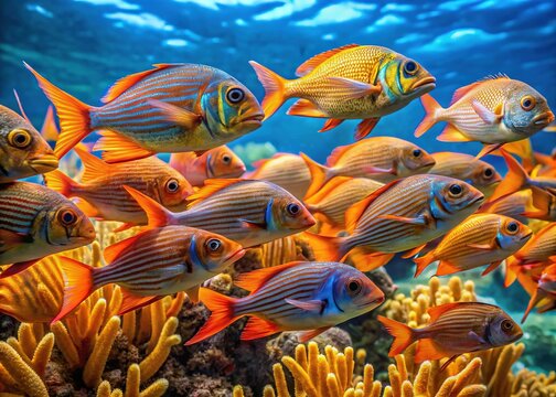 Vibrant orange and blue pinfish swim together in a school amidst coral reef and seaweed, showcasing their iridescent scales and feathery dorsal fins in a sunlit ocean.