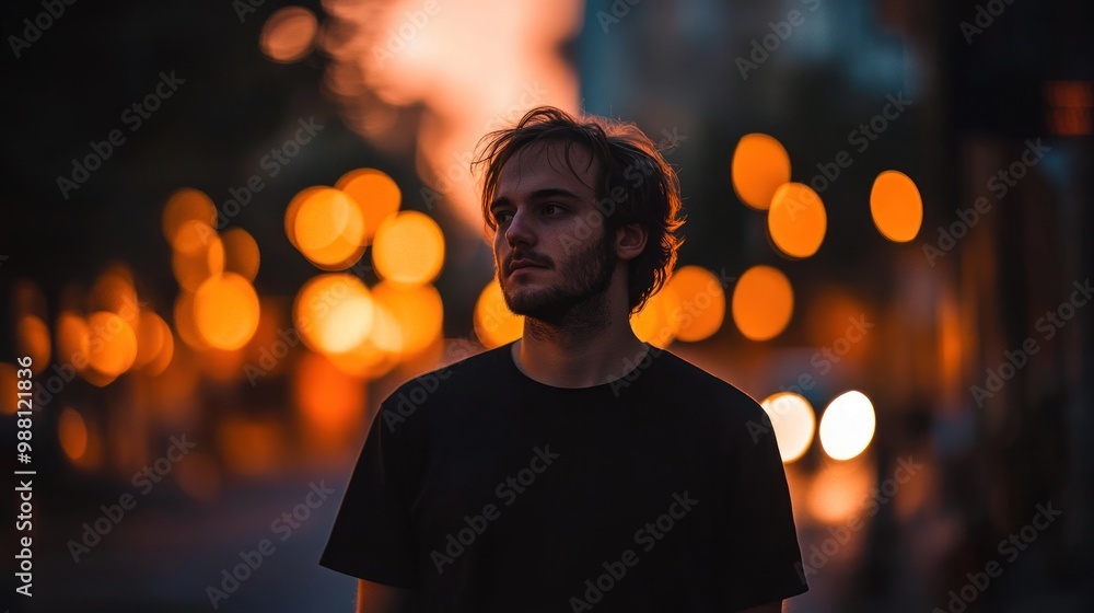 Poster A contemplative young man stands in a city street, illuminated by warm bokeh lights.