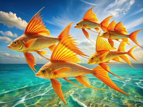 Vibrant orange and yellow Tobico flying fish swim in unison, their iridescent scales shimmering in sunlight as they leap above the calm turquoise ocean surface.