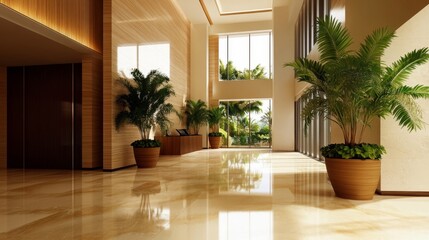 Modern lobby interior design with natural light, polished floors, large windows, lush greenery, and contemporary furniture.