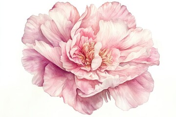 Watercolor Painting of a Delicate Pink Peony Flower with White Background.
