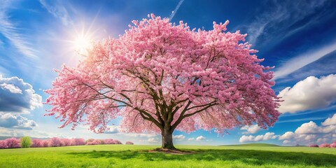 Vibrant pink cherry blossoms bloom on a majestic tree, set against a soft blue sky with gentle clouds, in a serene and idyllic spring landscape.