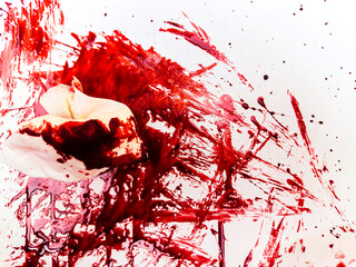 Crumpled bloody tissue paper with blood-soaked floor, murder, crime