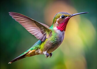 Fototapeta premium With wings spread wide and beak pointed forward, the hummingbird soars, its iridescent feathers glistening as it sips nectar with speed and precision.