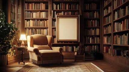 Cozy Reading Nook with Vintage Bookshelves and Armchair in a Classic Library Setting.