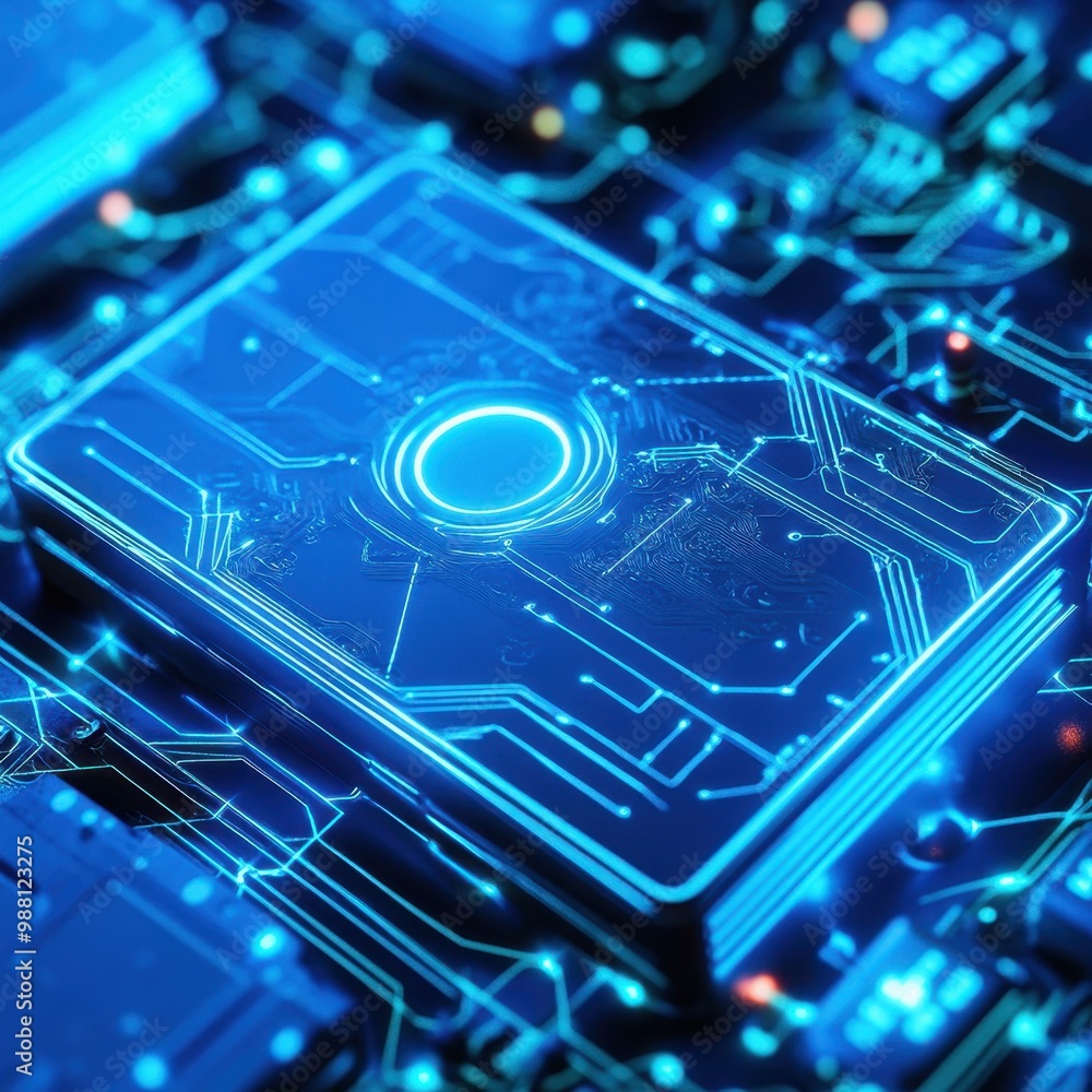Poster abstract close up of blue circuit board with glowing lines and a round light.
