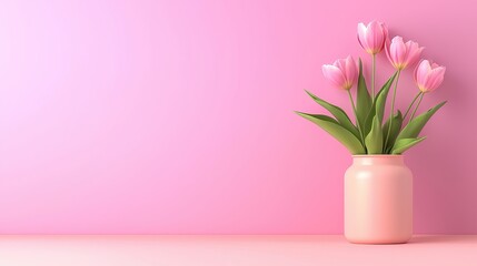 Obraz premium Pink Tulips in Vase on Pink Background