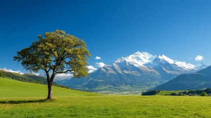 Obraz premium A breathtaking panoramic view of a majestic mountain range with a solitary tree standing in a lush green meadow, showcasing the beauty of nature, peacefulness, and the grandeur of the mountains.