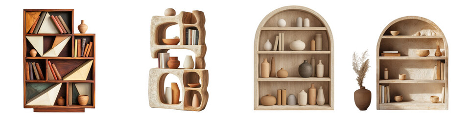 Minimalist wooden shelves with an assortment of decorative items including books vases and pottery arranged in a clean contemporary style for a modern home interior design