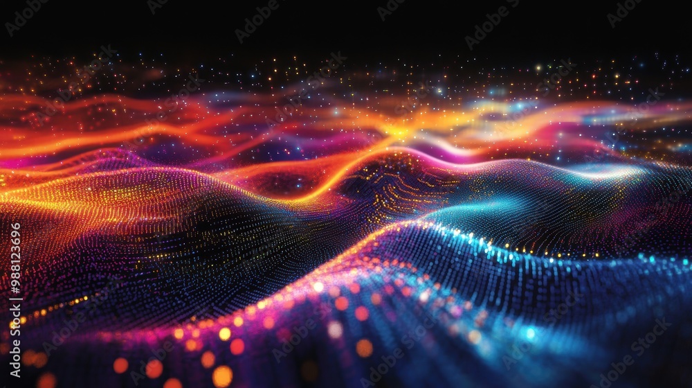 Poster abstract digital landscape with colorful glowing particles and bokeh effect - technology background.