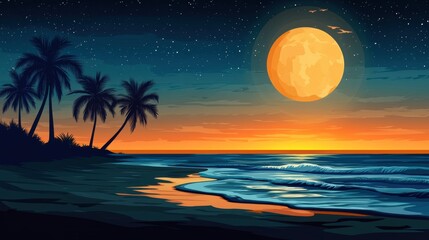 Tropical Sunset with Palm Trees, Ocean Waves, and Big Moon.