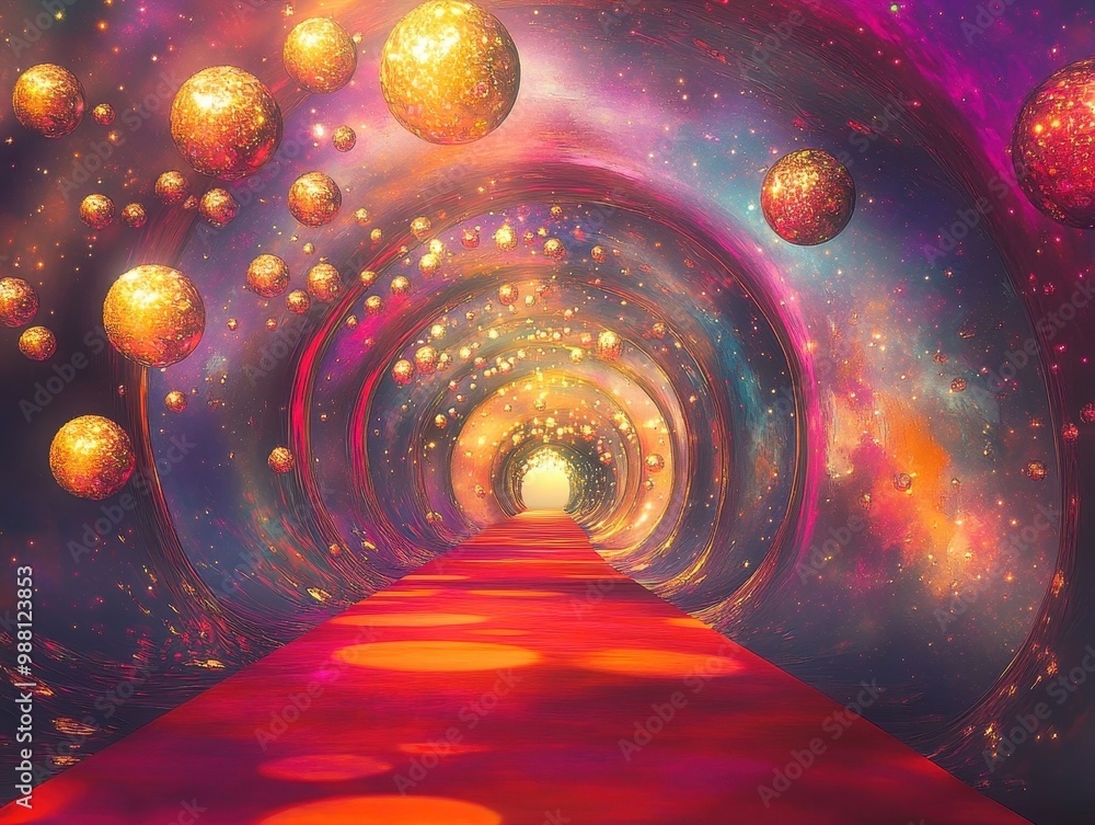Poster cosmic tunnel with red carpet and glowing orbs - abstract space background for science fiction, fant