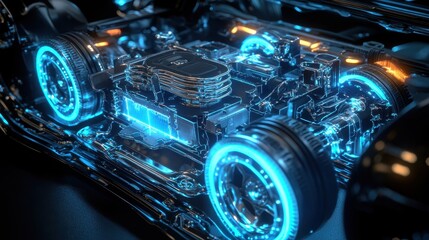 Fototapeta premium Futuristic Electric Car Engine with Glowing Blue Lights - Technology and Innovation Concept.