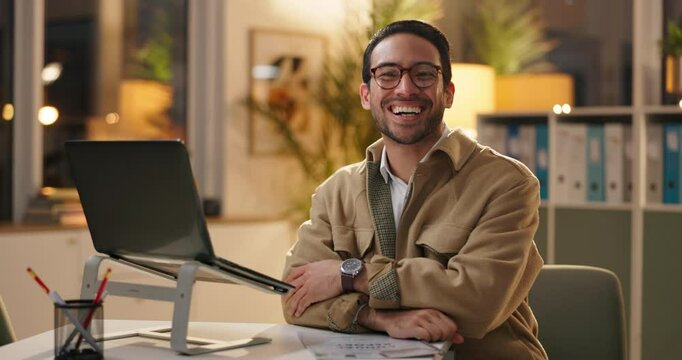 Night, happy man and face in office with laptop, finance and confident with smile. Accountant, glasses and portrait at computer for bookkeeping, admin manager and pride at table for career in Taiwan