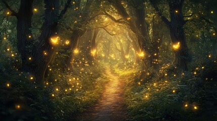 Magical Forest Path Illuminated by Glowing Lights - Fantasy Nature Scene.
