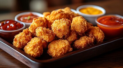 A close-up of a party platter loaded with golden chicken nuggets and a variety of colorful dipping sauces, perfect for sharing. The nuggets are crispy, with a warm, inviting glow,