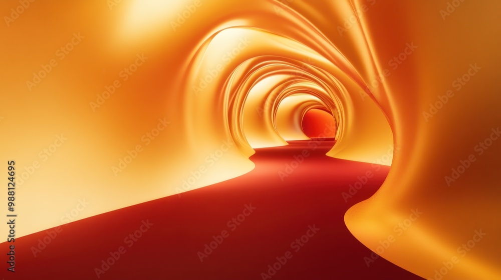 Poster abstract golden tunnel with red floor - 3d render.