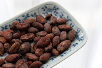 Detailed shot of raw cacao beans in plate 