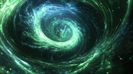 Abstract Green and Blue Swirling Lights Background - Cosmic Nebula, Galaxy, Space, Fantasy, Digital Art.