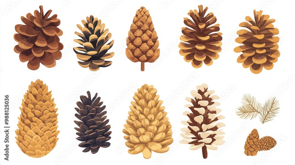 Poster minimalistic flat vector pine cones collection on white background with clean modern design