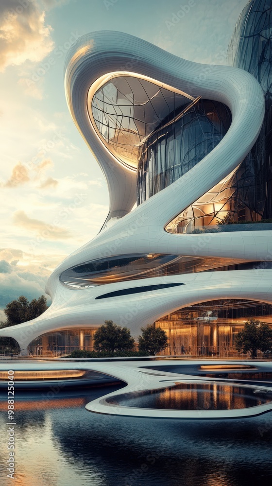 Poster a futuristic office complex with smooth curves and floating platforms