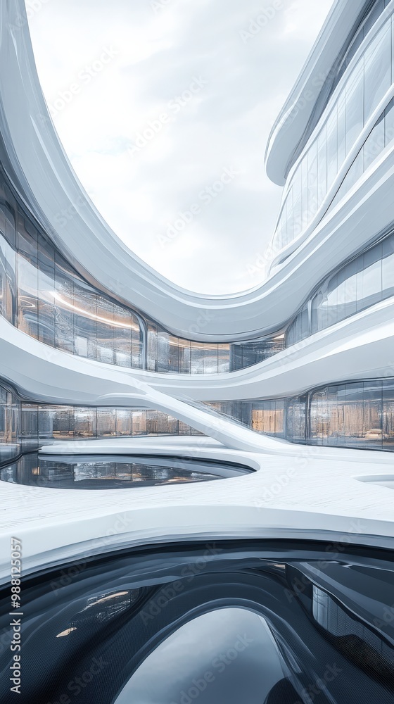 Poster a futuristic office complex with smooth curves and floating platforms