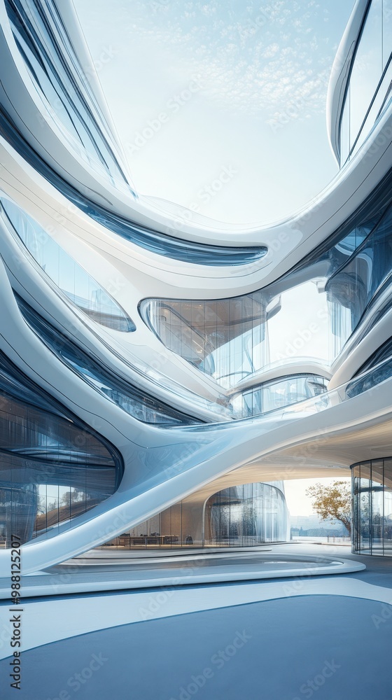 Poster a futuristic office complex with smooth curves and floating platforms