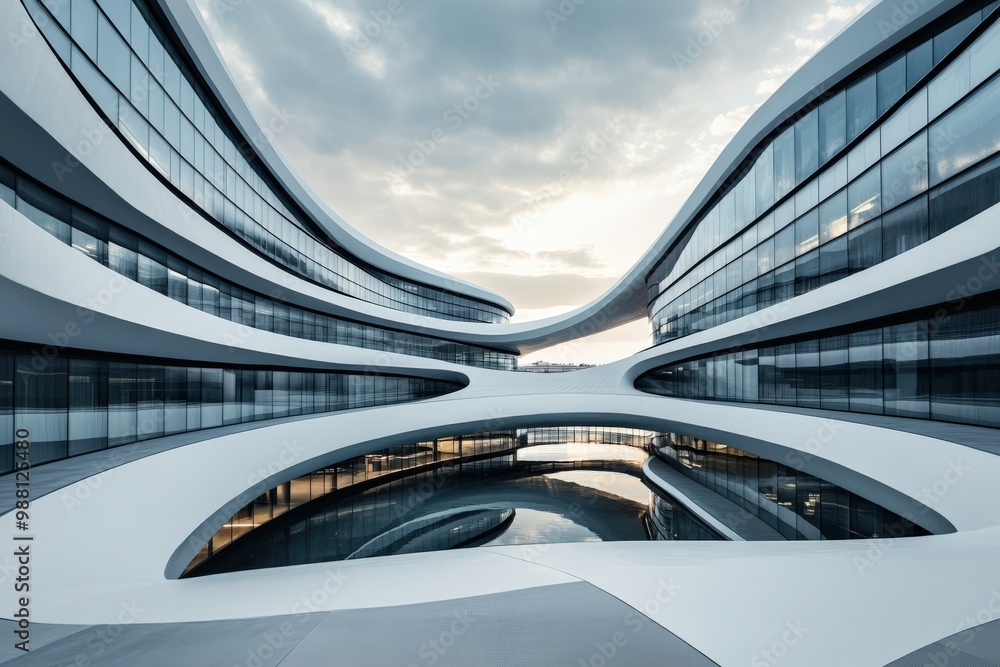Poster a futuristic office complex with smooth curves and floating platforms