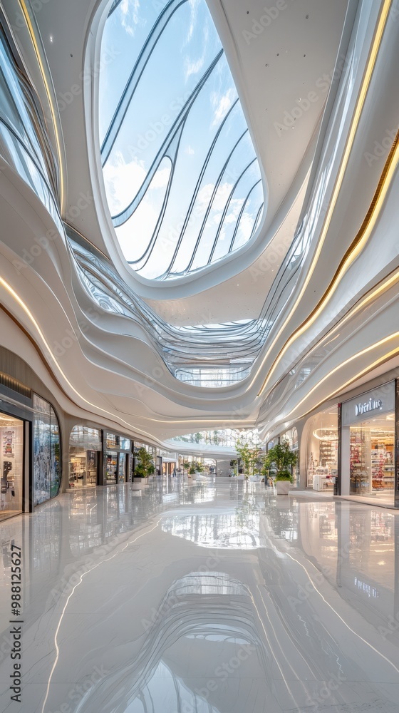 Poster a futuristic office complex with smooth curves and floating platforms