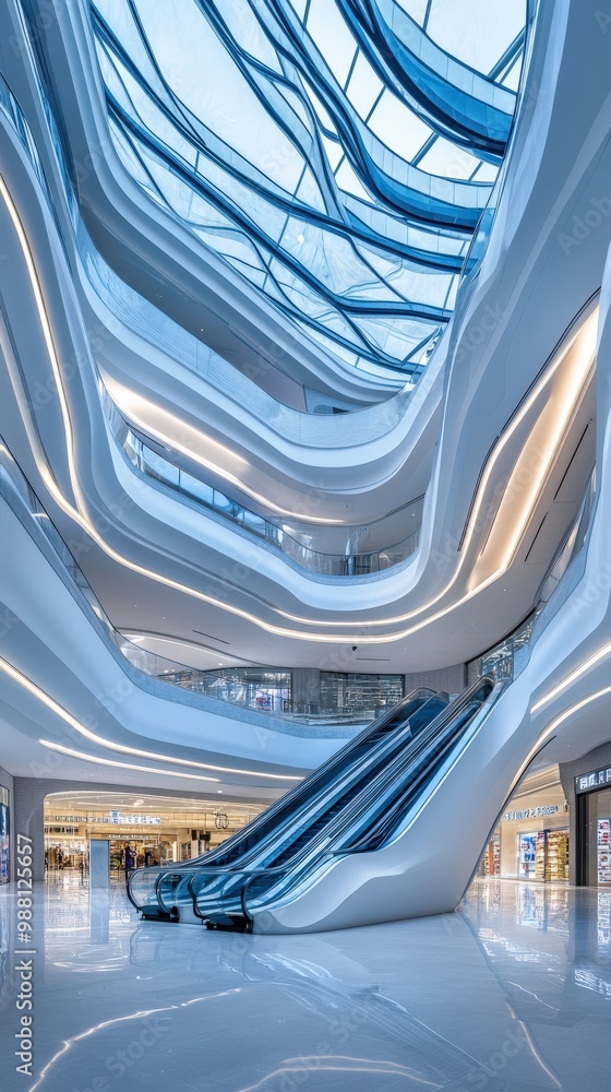 Poster a futuristic office complex with smooth curves and floating platforms