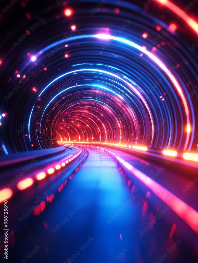 Poster abstract neon lights tunnel with red and blue colors. the tunnel is filled with bright lights, creat