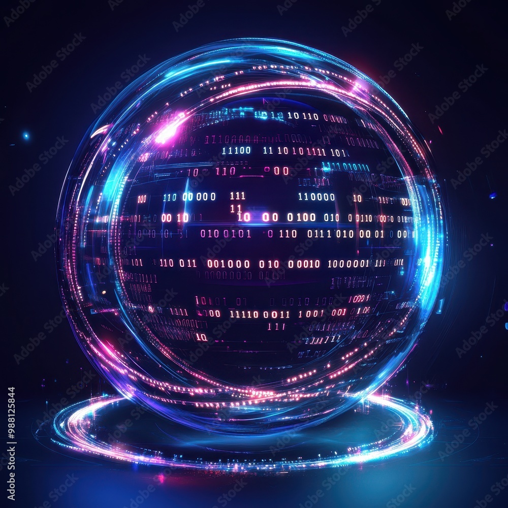 Poster abstract digital sphere with binary code and glowing lines - futuristic technology background.