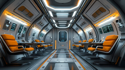 Obraz premium Spaceship textured interior with orange and gray chairs, illuminated by overhead lights. Starship. Illustration