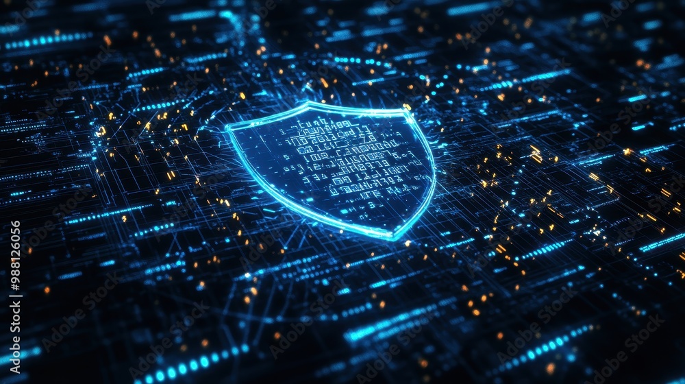 Poster futuristic digital shield with blue neon glowing lines and data code on a black background.