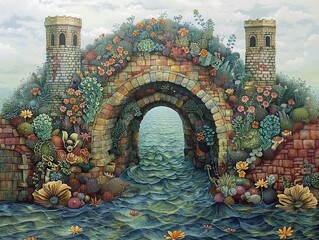Obraz premium Stone Arch Bridge Over Ocean with Flowers and Plants