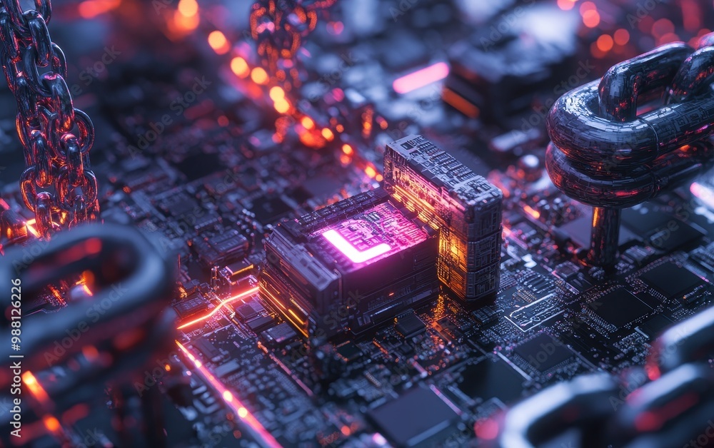 Poster abstract futuristic circuit board with glowing lines and chains - cyberpunk technology background