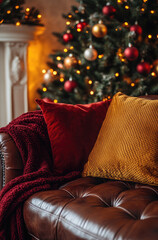 A Leather Sofa with Christmas Decorations in the Background Cozy and Elegant Holiday Decor