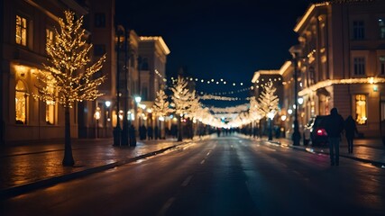 Christmas Town Lights Background, Night Blurred City Street with Lightning and Bokeh"
