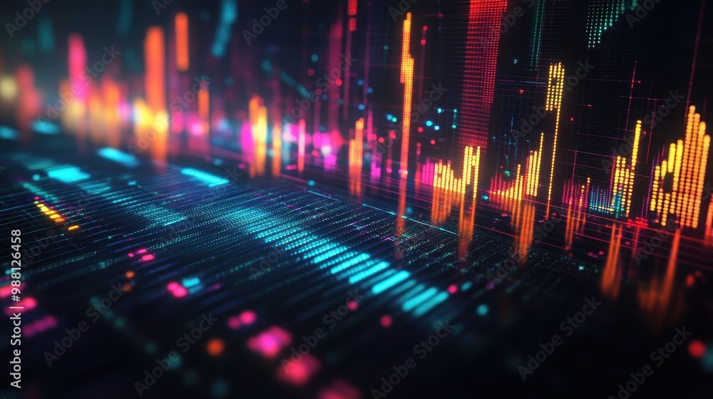 Poster abstract neon data visualization - colorful digital bars and lines on a black background.