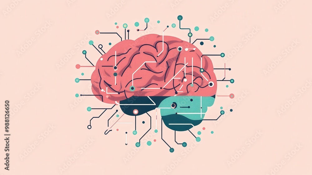 Poster minimalistic brain illustration with cables on transparent background - abstract flat vector design 