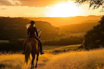 A horseback rider gently stroking the mane of their horse while riding through a scenic trail at sunset