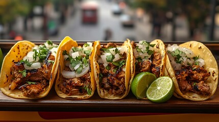 A food truck window serving fresh street tacos with grilled meat, onions, and cilantro, with lime wedges on the side.