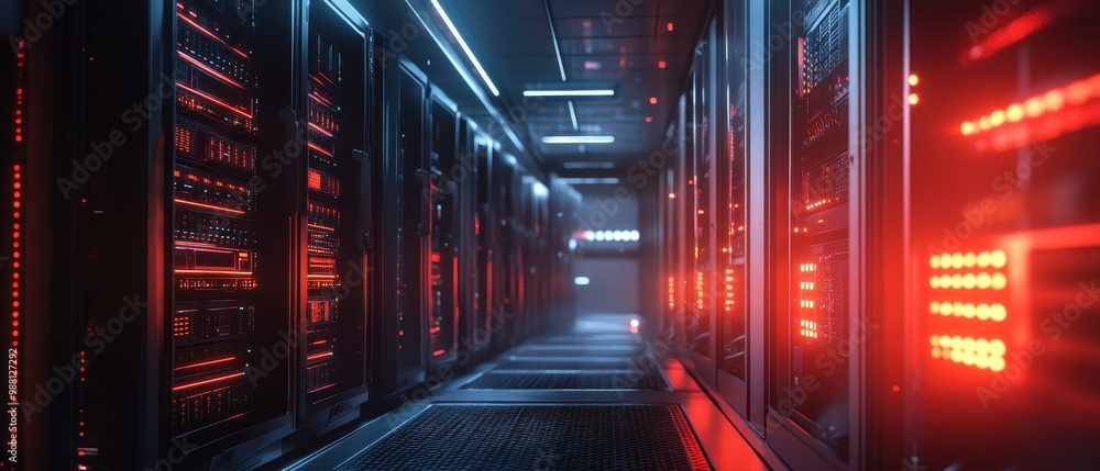 Poster data center server room with red and blue lights - technology and digital infrastructure