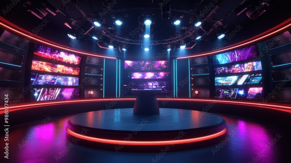 Poster futuristic studio set with neon lights, empty platform, and multi-screen display for presentation, e