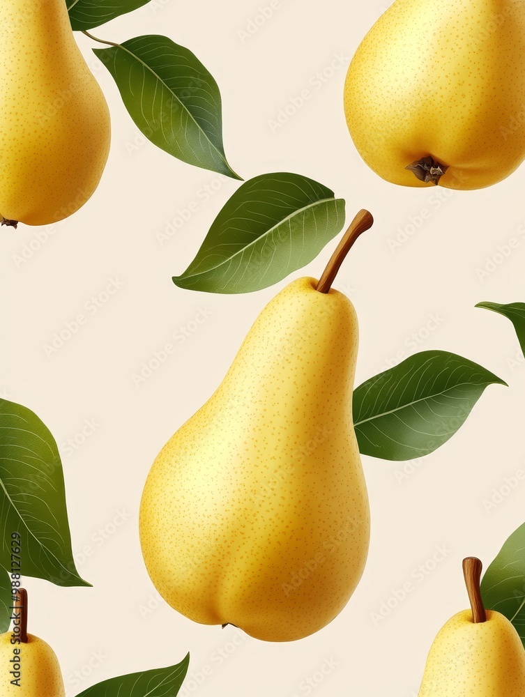 Poster a vibrant and refreshing seamless pattern featuring juicy yellow pears and lush green leaves, creati