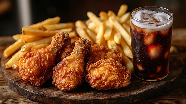 A fried chicken combo meal with hot, crispy chicken pieces, golden French fries, and a cold soda, all served on a rustic wooden table. The meal is highlighted under warm lighting,