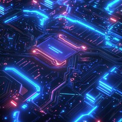 Abstract Circuit Board with Neon Lights - Futuristic Technology Background.