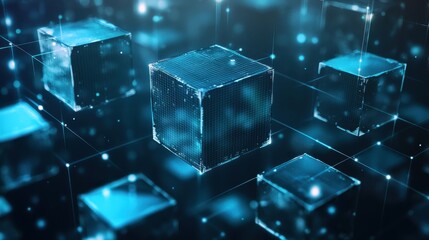 Abstract Blue Cubes in a Network of Lines and Glowing Dots - Futuristic Digital Technology Concept