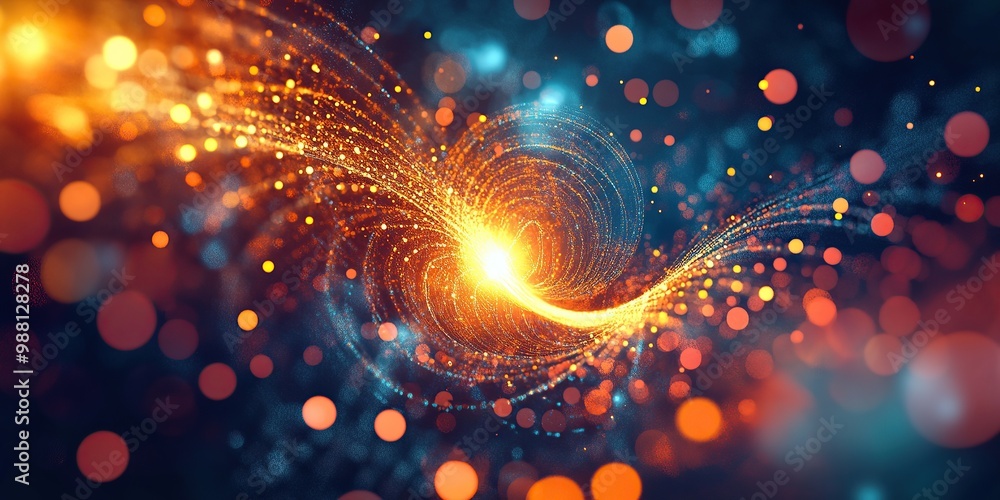 Poster digital background featuring quantum elements, glowing particles and abstract shapes