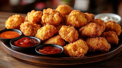 A large party platter of chicken nuggets with a variety of dipping sauces, the golden nuggets steaming hot and ready for sharing. The platter is set on a wooden table,